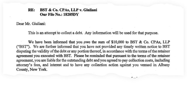 Скріншот листа до Руде Джуліані від бухгалтерської фірми BST & Co., яка намагається стягнути його борг